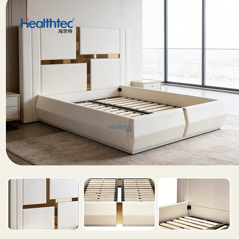 Luxury Upholstered Bed, Gold Accents & High Headboard _ R1850-4