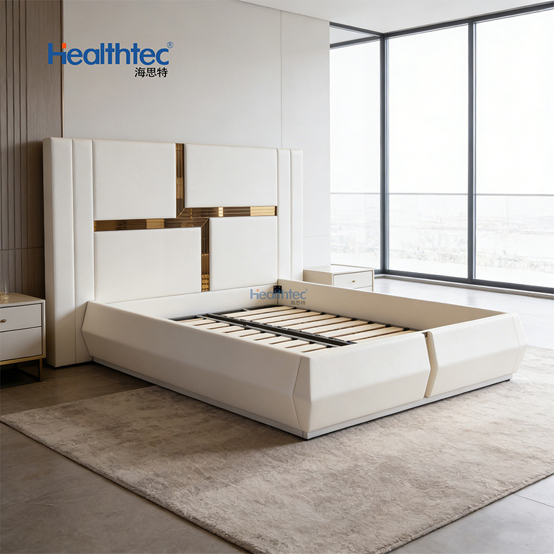 Luxury Upholstered Bed, Gold Accents & High Headboard _ R1850-5