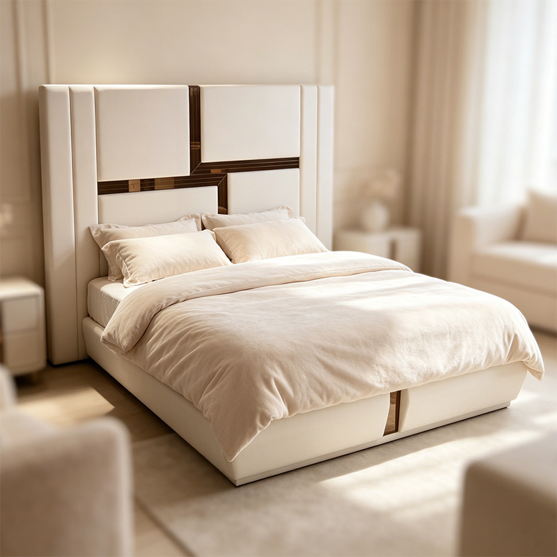 Luxury Upholstered Bed, Gold Accents & High Headboard _ R1850