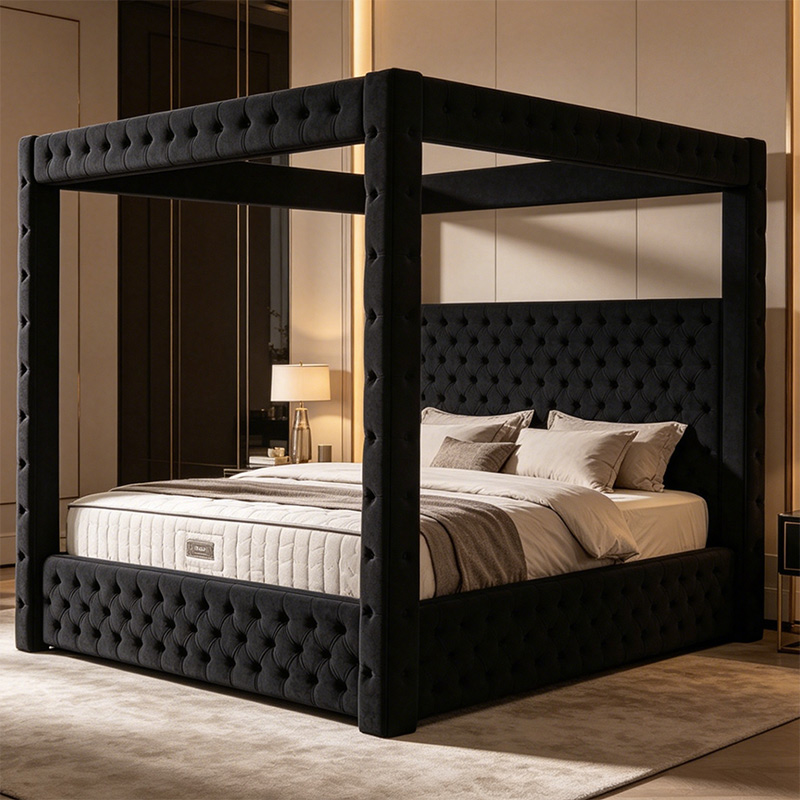 Velvet Canopy Bed, Four-Poster & Deep Tufting _ R1880-5
