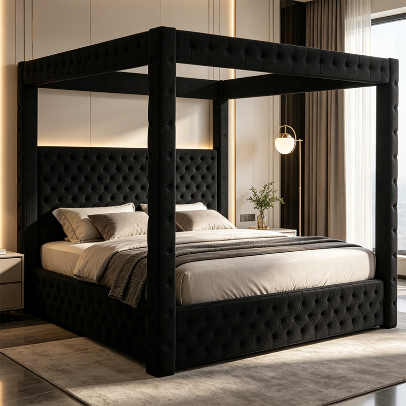Velvet Canopy Bed, Four-Poster & Deep Tufting _ R1880